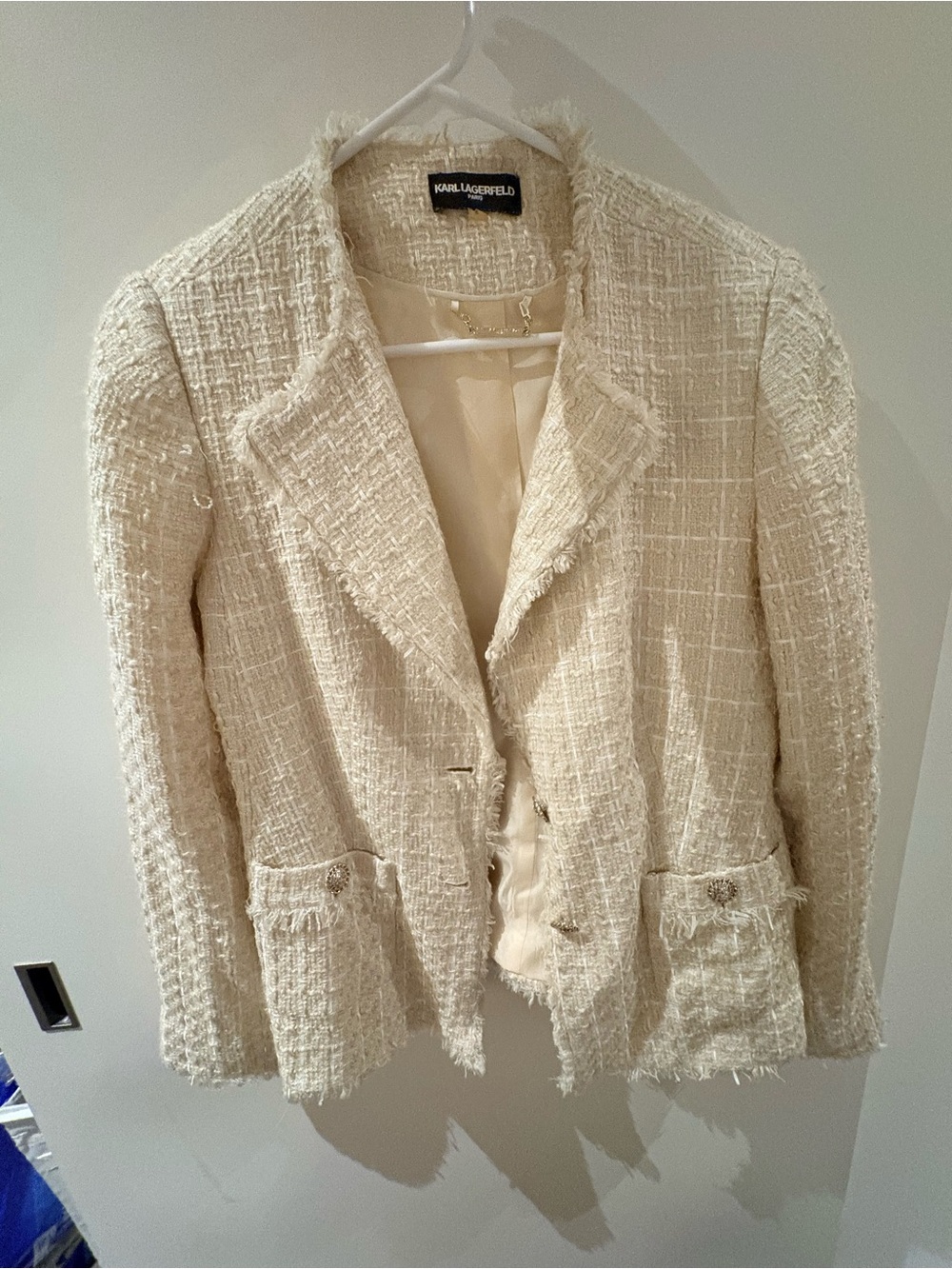 Karl Lagerfeld Ivory Fringe Tweed Blazer